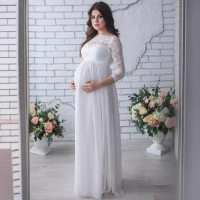 Φόρεμα Εγκύων Δαντέλα Διάτρητο Φλοράλ Κέντημα Στρογγυλή Λαιμόκοψη Μακριά Μανίκια