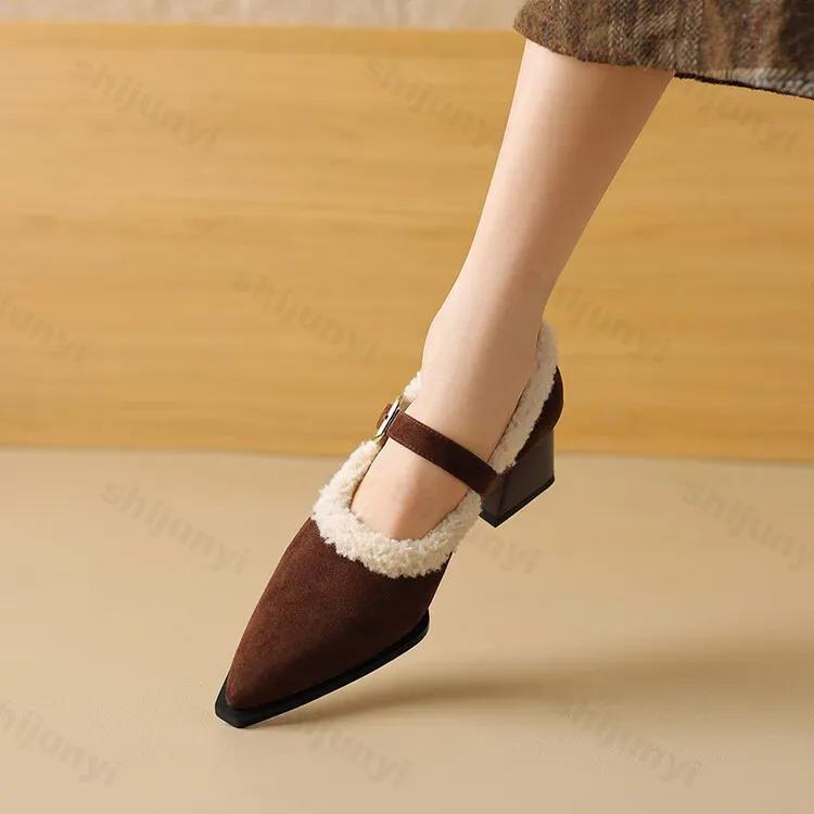 Fashion Elegant Metal Buckle Mary Janes Woman 2025 New Chic Design Fur Thick Heel Dress Shoes Ladies Winter Warm Plush Belt Pump Zapatos