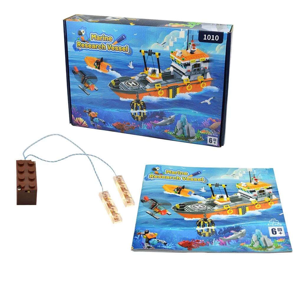 City Ocean Explorer Ship Building Set Fun Toy Boat Building Block Kit with LED Lights Helicopter Submarine and Shark Cage