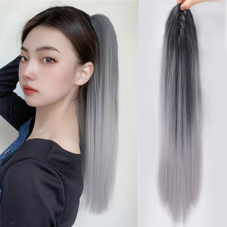 Extension de Cheveux Synthétiques Longs Lisses à Pince Queue de Cheval 22 Pouces Noir Mèches Bleues Grises Postiche Queue de Cheval Perruque Pour Femmes