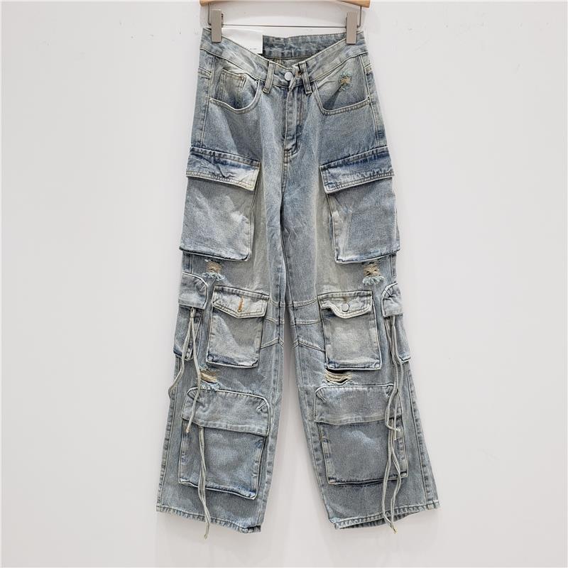 Autumn new American retro multi-pocket tooling jeans women s ripped washed casual pants cross-border trendy brand S синий