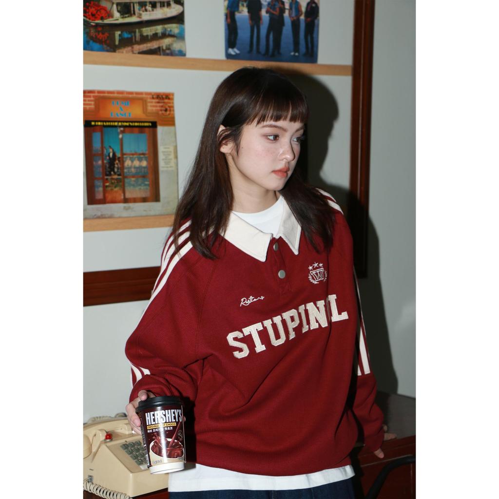 Women's Striped Polo Collar Sweatshirt - Korean Style with American Letter Embroidery