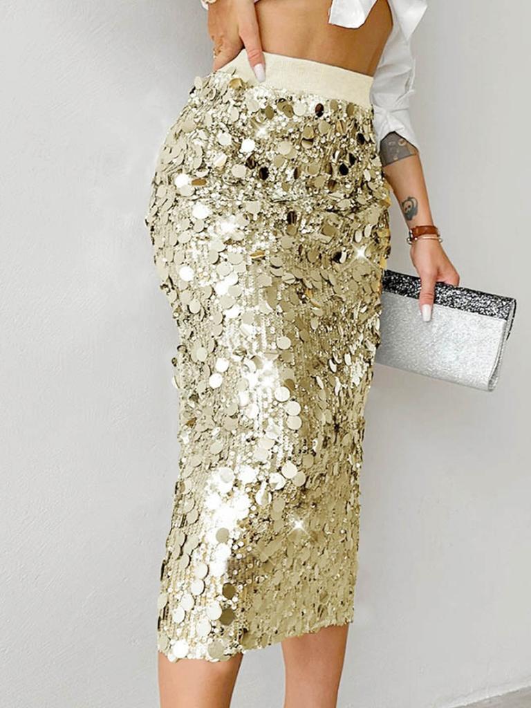 Bestselling Women's Fashion Solid Elegant High Waist Slim Fit Midi Sequin Half-Length Skirt LFY