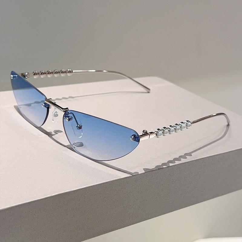 Rimless Triangle Sunglasses with Pearls Women  New Fashion Casual Sun Glasses Trendy Sweet Brand Design Decor Shades