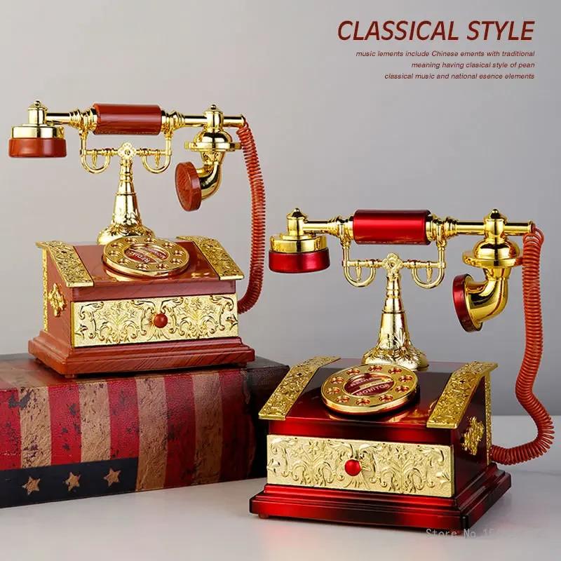Retro Telephone Music Box Vintage Mechanical Phonograph Jewelry Storage Case Creative Birthday Gift Antique Home Table Decor