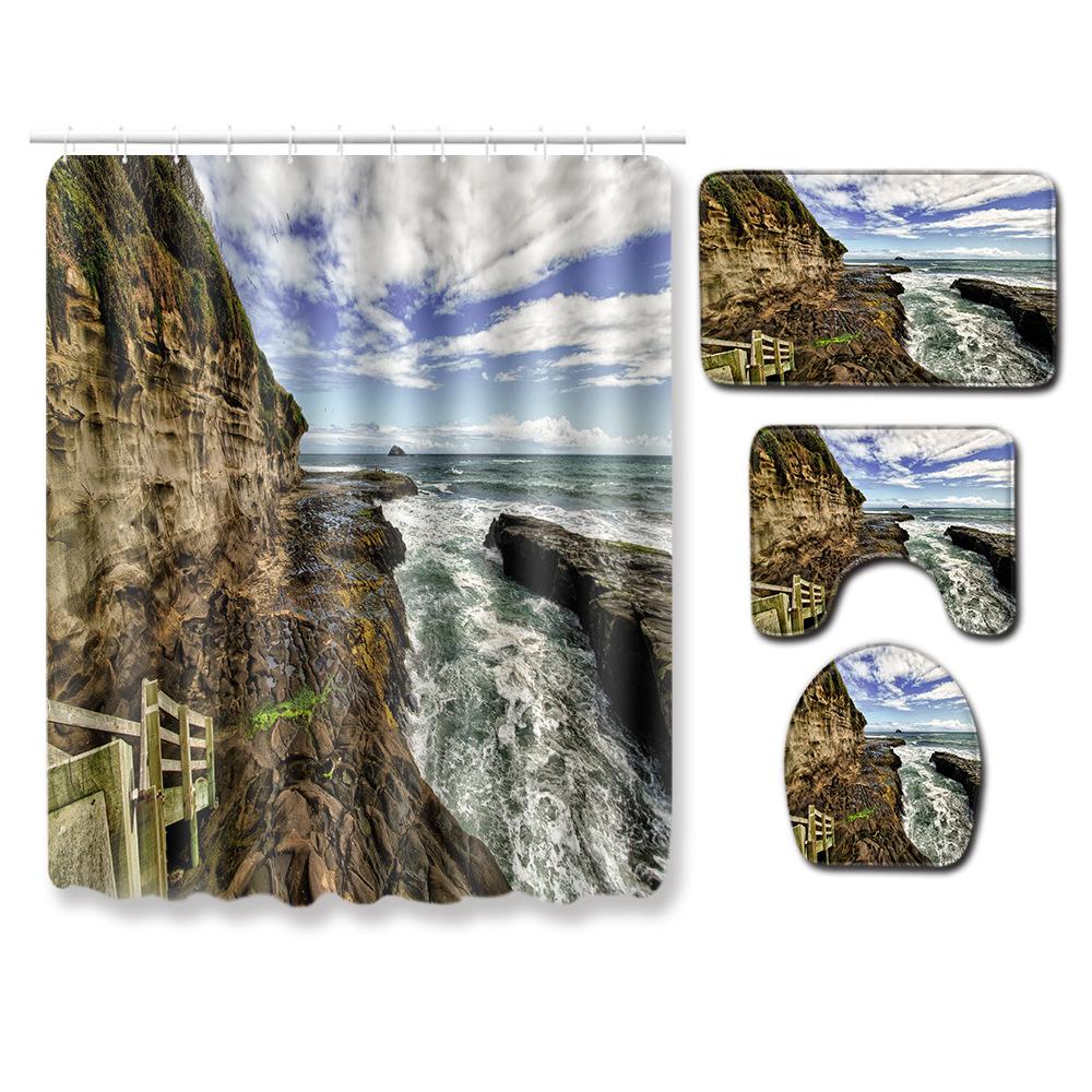 Landscape Shower Curtain Floor Mat Combination Four-Piece Set Bathroom Toilet Carpet Shower Room Mat Foot Mat
