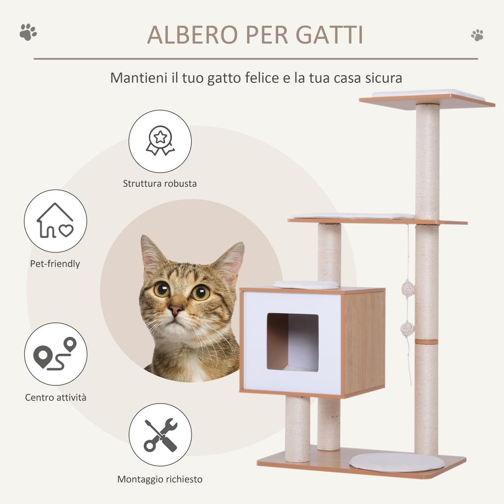 Cat Scratching Post Height 120cm with Kennel, Platforms and Sisal Toys, MDF 71.5x49.5x120cm Wood, White