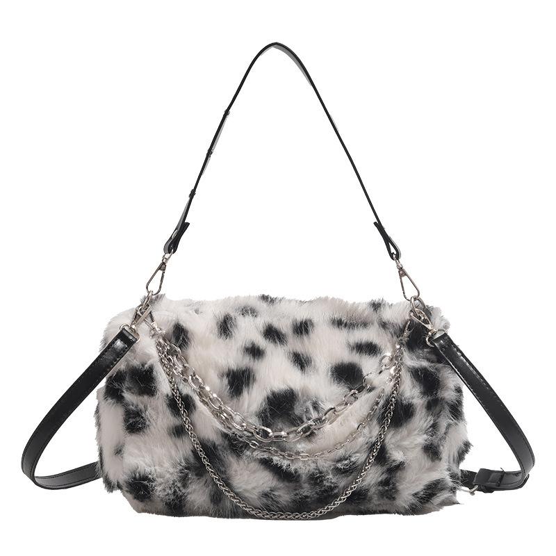 Plush Leopard Print Shoulder Bag For Women New Fashion Winter Warm Chain Handbag Niche Zippered Versatile Casual Crossbody Bag