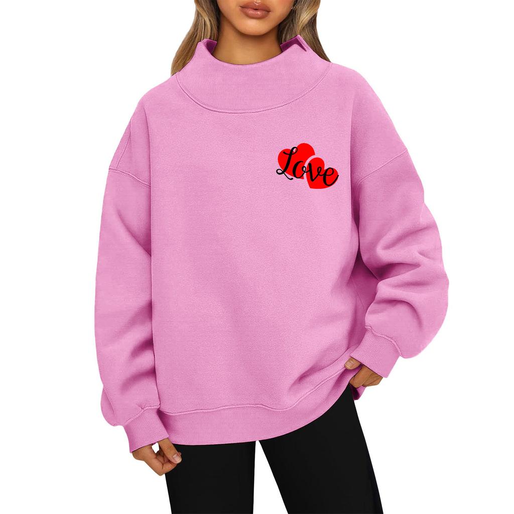 Women's Valentine's Day Print Fashion Loose High-Collar Long Sleeve Solid Color Sweatshirt Pullover