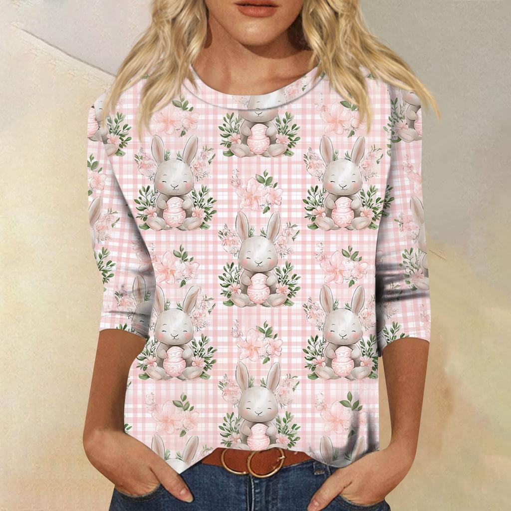 Modny Damski Casualowy Sweter z Krótkim Rękawem i Nadrukiem Wielkanocnym, Okrągły Dekolt
