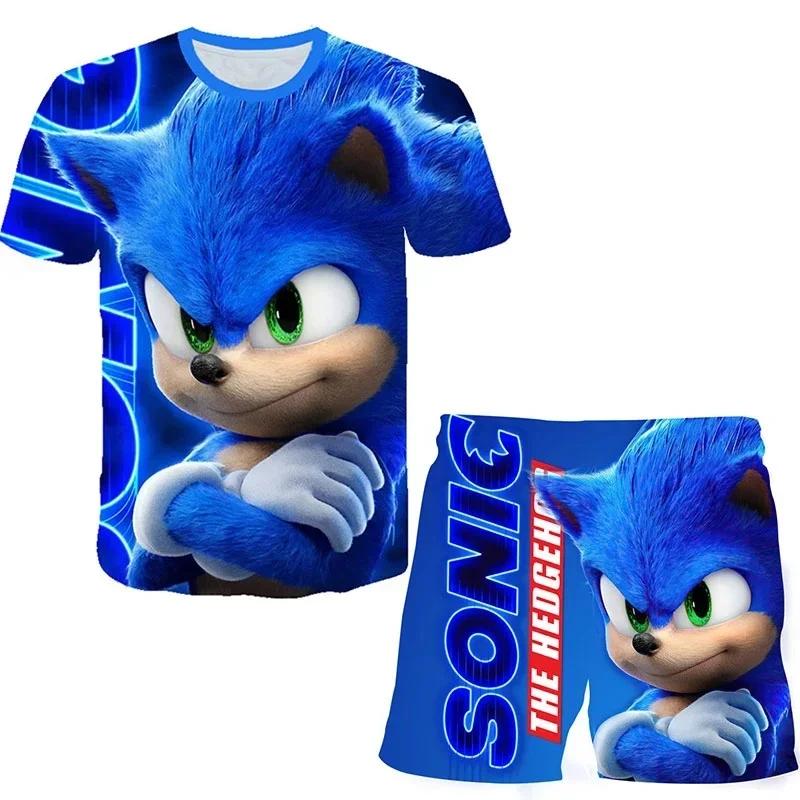 2025 MINISO New boys and girls super sonic Tshirts+shorts  Harajuku Sonic print suit T-shirt + shorts fashion street style children's short sleeves