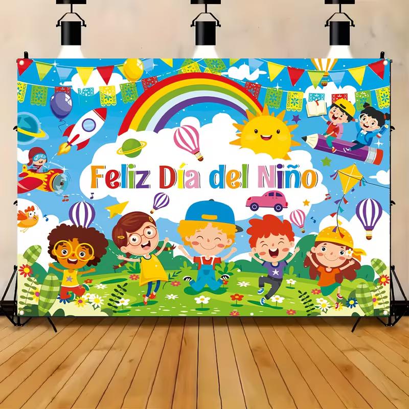 

2D Colorful Feliz Día del Niño Backdrop Kids Rainbow Cartoon Party Decoration Banner 47.2x31.5inch/120*80cm