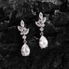 ZAKOL White Zircon Leaf Dangle Earrings for Women Shinny Water Drop Crystal Flower Pendant Earring Bridal Wedding Jewelry