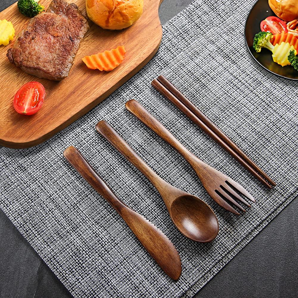 YFWOOD Cutlery Set Fork Spoon Chopsticks Knife Storage Bag Set Total Length 16cm Wooden Lightweight Suitable for Children Lunch Box Camping Outdoor