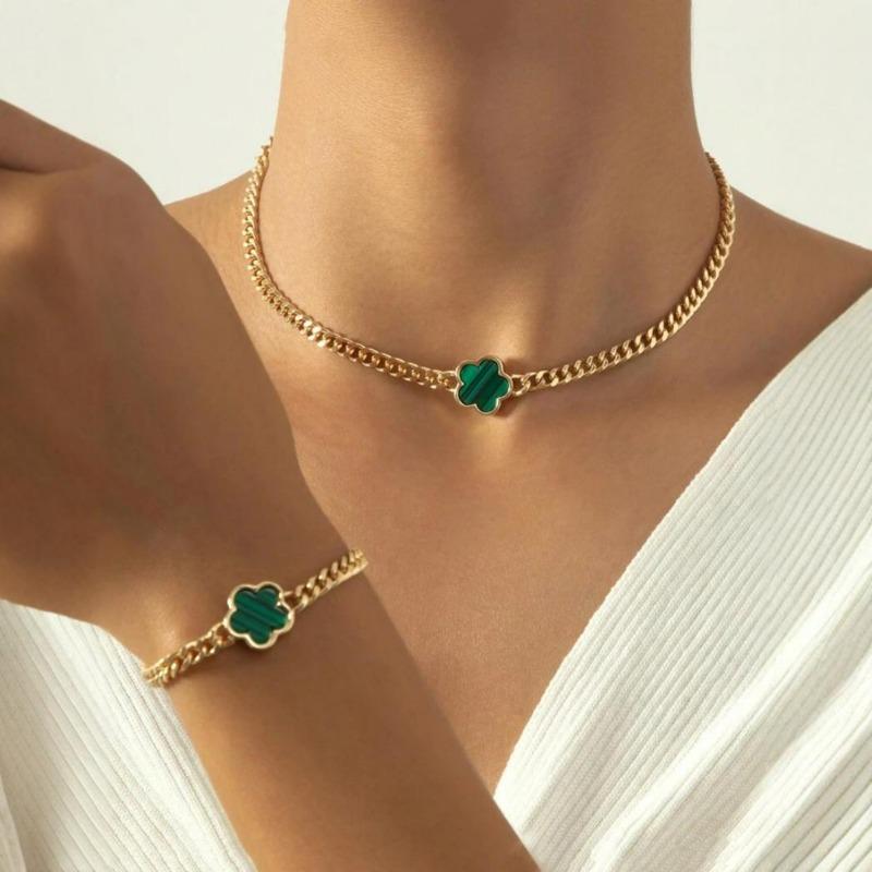 Classic Multi-color Lucky Clover Chain Jewelry Set, French Versatile Simple Set
