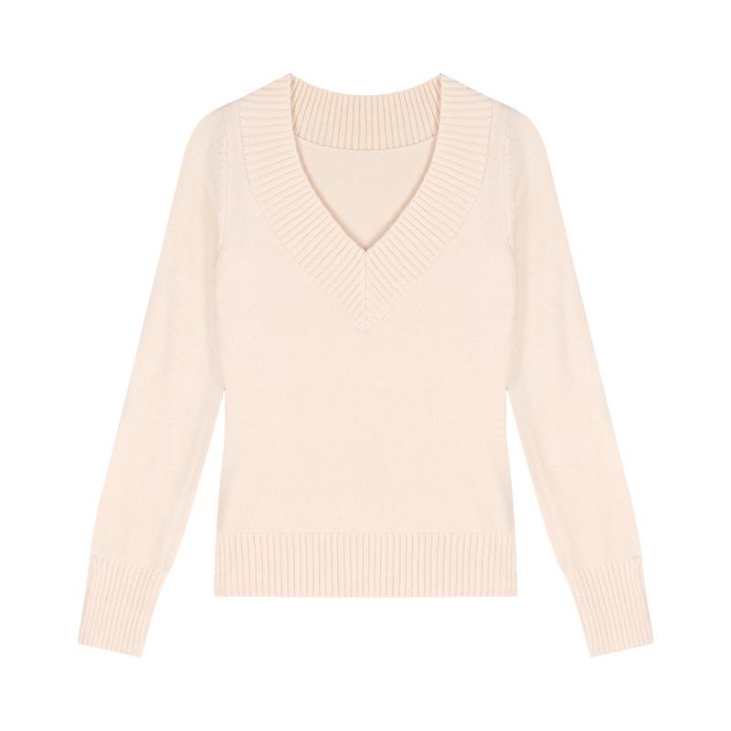 Spice girl retro v-neck gray knitted sweater women's autumn new sexy inner sweater slim fit