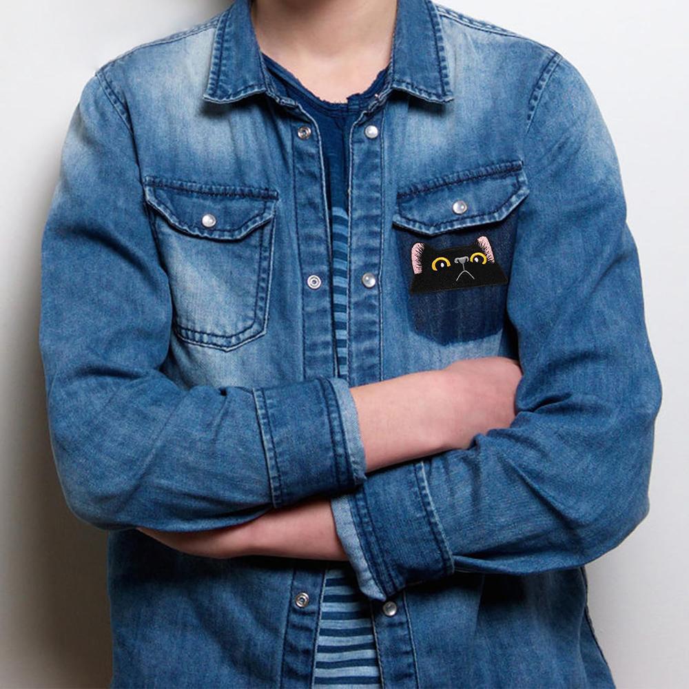 1 pieza de parche de tela bordado con cara de gato negro lindo, insignia de gato llorando, accesorios para bolsos de ropa DIY, parche de 3,8 x 7,6 cm