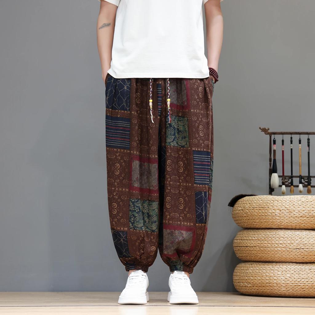 Pantaloni Stampati Stile Etnico Estivi Sottili Coulisse Pantaloni a Lanterna Cinesi Taglie Forti Gamba Larga Pantaloni Harem Bassi Casual Larghi