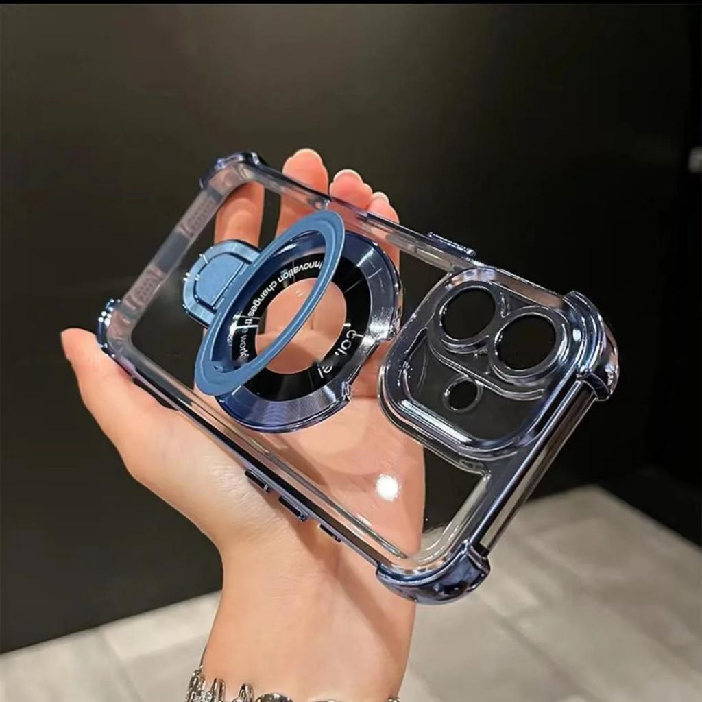 Suitable for Apple 16promax Stand, Phone Case, Electroplated Four-corner Magnetic Stand, Transparent IPhone15 Protective Case