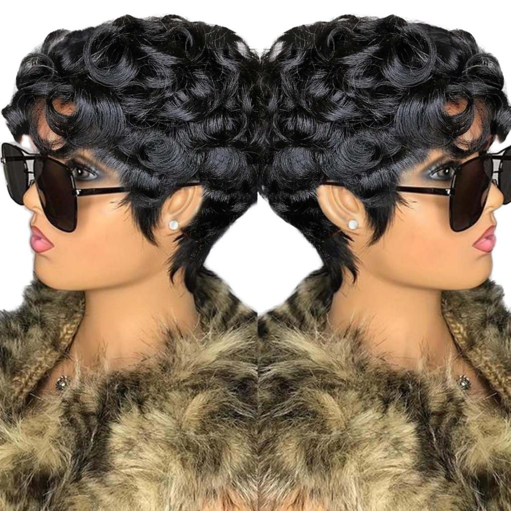 Corto para Pelucas Brasileñas Pixie Cut Yaki Sin Pegamento Pre-Depilado Corto Rizado Pelucas Flequillo Negro Natural para Mujeres Negras Vietnam