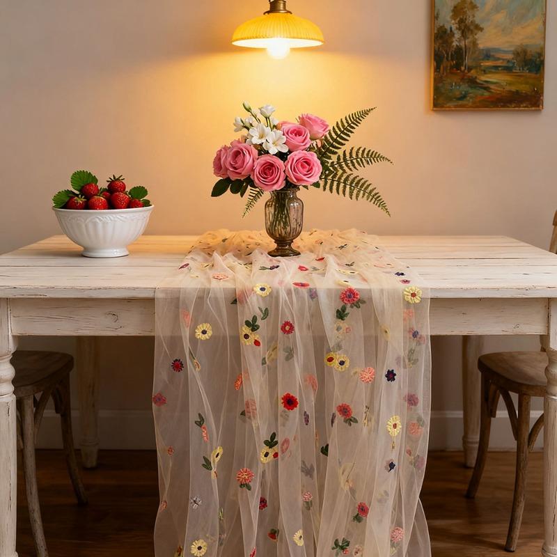 

Stylish Colorful Embroidered Floral Tablecloth Easter Mesh Table Flag Suitable for Banquet Family Party Decoration DIY Headwear Multi Purpose Fabric 75*200cm/29.53×78.74inch