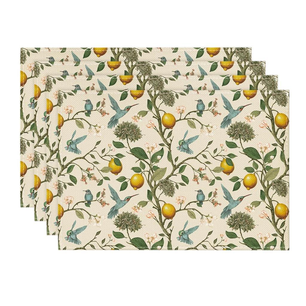 Brown Lemon Tree Bird Flower Summer Placemats Set of 4,12x18 Inch Seasonal Spring Table Mats for Party Kitchen Dining Decoration