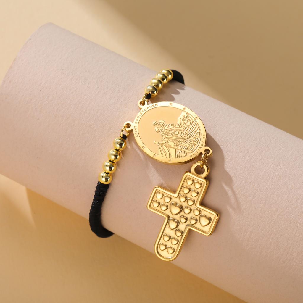 Teamer Saint Christopher Virgin Mary Emboss Heart Cross Pendant Beads Bracelet Stainless Steel Red Black Rope Chain Jewelry