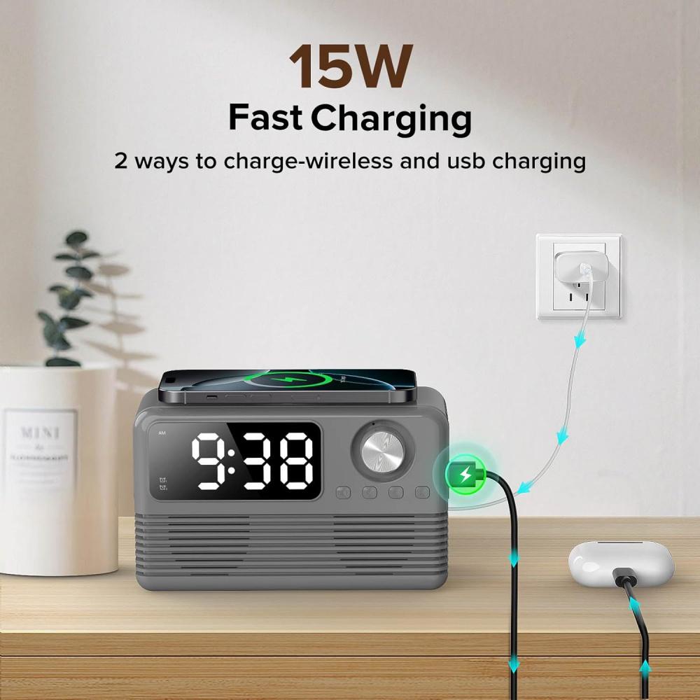 15W Fast Wireless Charger with Bluetooth Speaker and Alarm Clock Radio,4 In1 Wireless Charging Station for iPhone,Android Phones with FM Radio