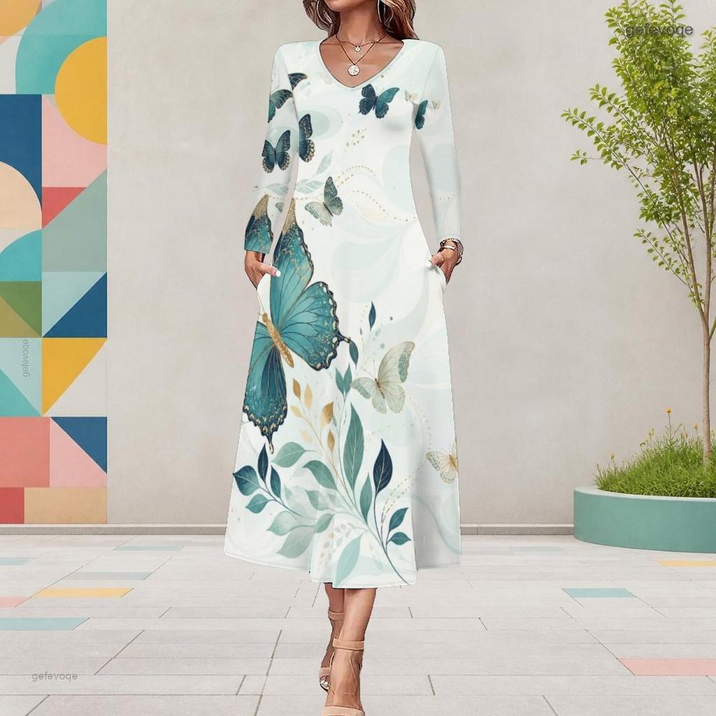 Women Plus Size Round Neck Long Sleeve Black Butterfly Printed Midi Dress With Pockets