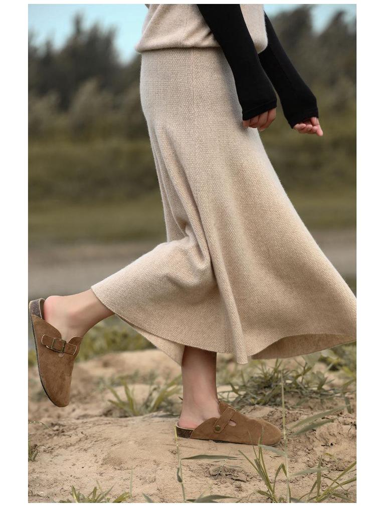 Women's High-Waist Mid-Length Wool Pleated A-Line Skirt for Autumn/Winter