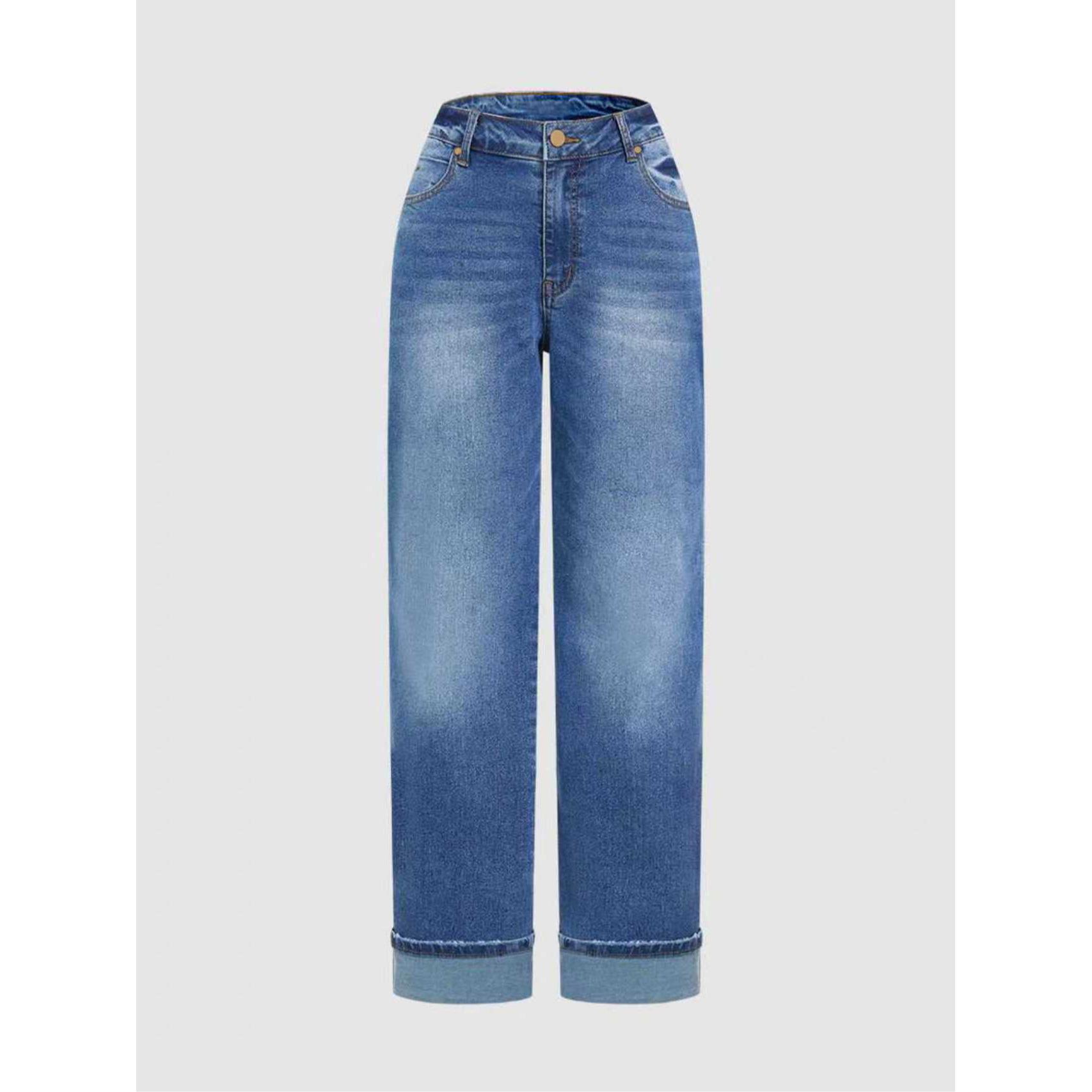 

Plus Size High-Waisted Straight Leg Jeans - European & American Style, Rolled Hem, Casual & Fashionable Elastic Denim for Women 4XL синій