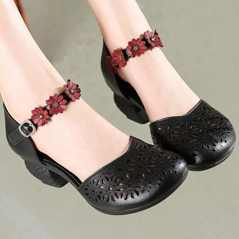 Fashion GKTINOO Genuine Leather Women Sandals Summer Shoes 5CM High Heels Retro Women Shoes 2025 Hollow Out Sandals