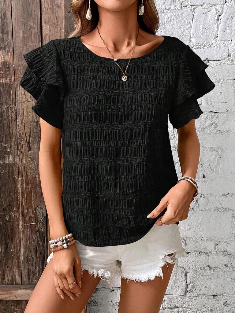 Women's Summer Double-layer Ruffled Sleeve Round Neck Pullover T-shirt