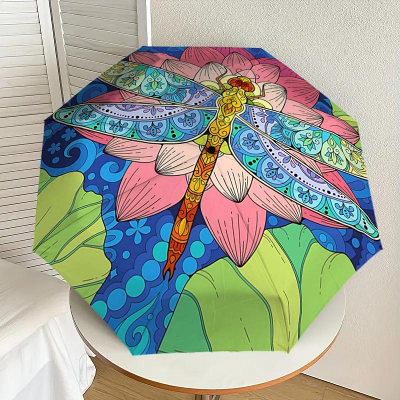 Colorful Lotus Dragonfly Mandala Automatic Opening Folding Umbrella with 8-Bone Iron Frame, Suitable for Fans, Travel, Daily Use, Festive Gi