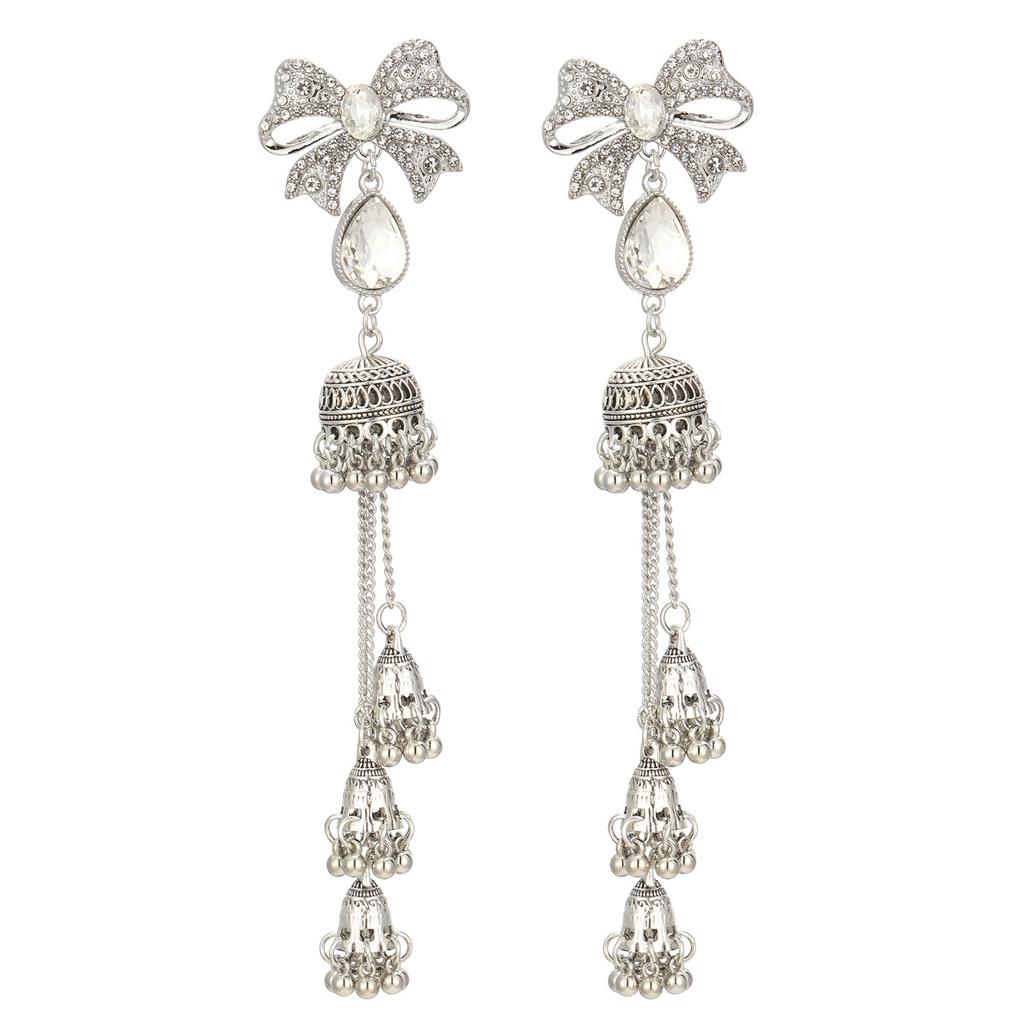 Bow-Set Diamond-Fringed Wind Chime Earrings For Women, Retro Ethnic Feng Shui Drop Elegant Temperament Earrings