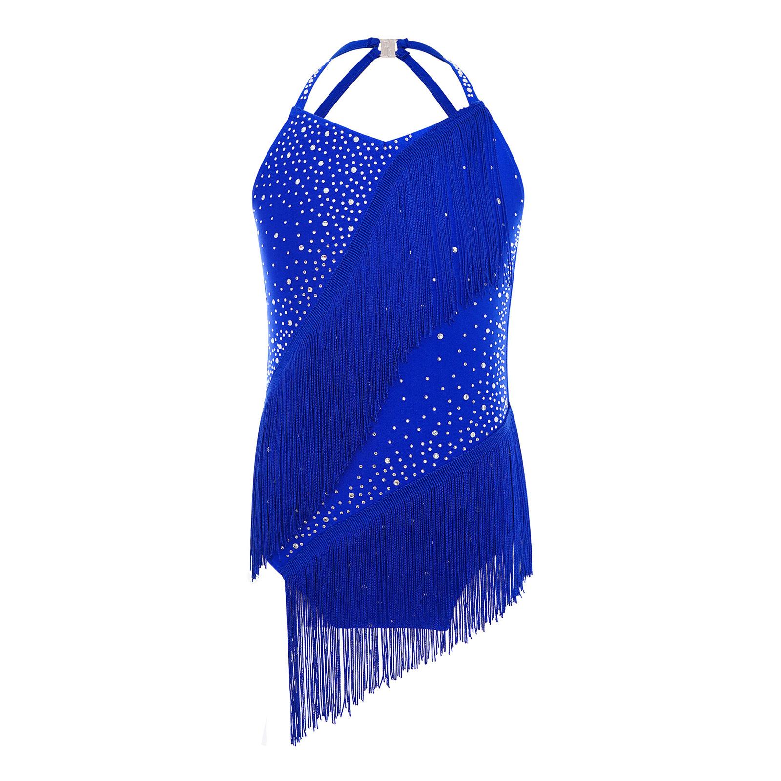 

Girls Latin Dance Costume Sleeveless Halter V Neck Backless Shiny Rhinestones Tassels Leotard 7-8 Years синій