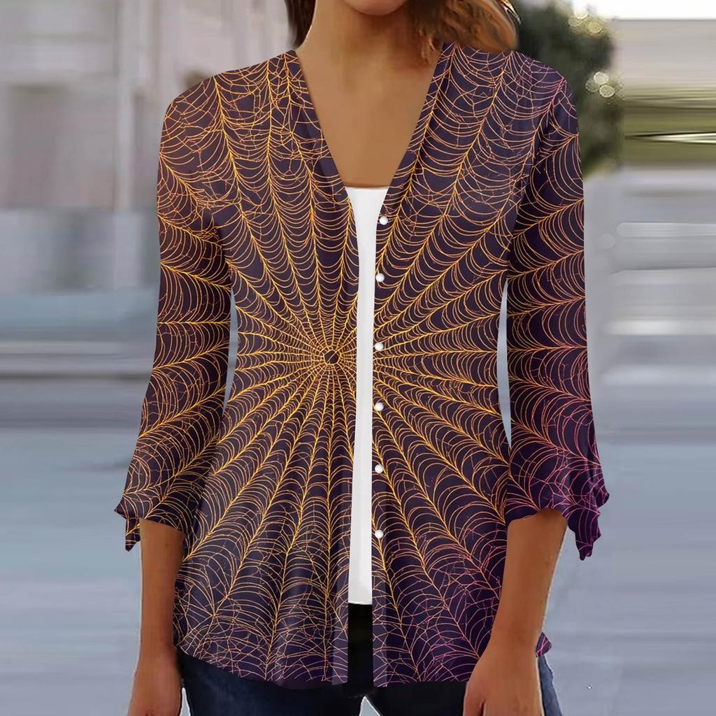 Damen Locker Lässig Bedruckt Siebenärmel Knopfleiste Hemd Strickjacke Top