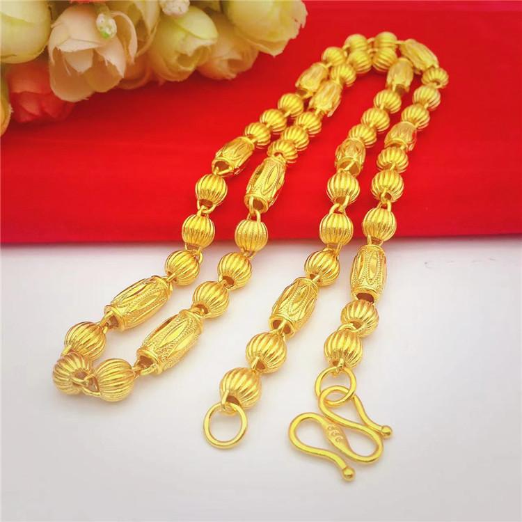 Nytt Herrhalsband i Guld med Tre Pärlor! 24K Guld AU999, Cylinder med Blommönster som Förbinder Tre Pärlor, Strömlinjeformad Tuff Unik