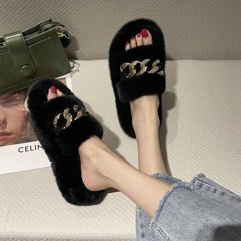 Thick-soled Mao Mao slippers women's outer wear 2025 new autumn and winter Mao Mao shoes home chain stepping on shit feeling one-word cotton drag