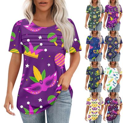 Women's Carnival Mask Print Short Sleeve Loose Round Neck Pleated Top