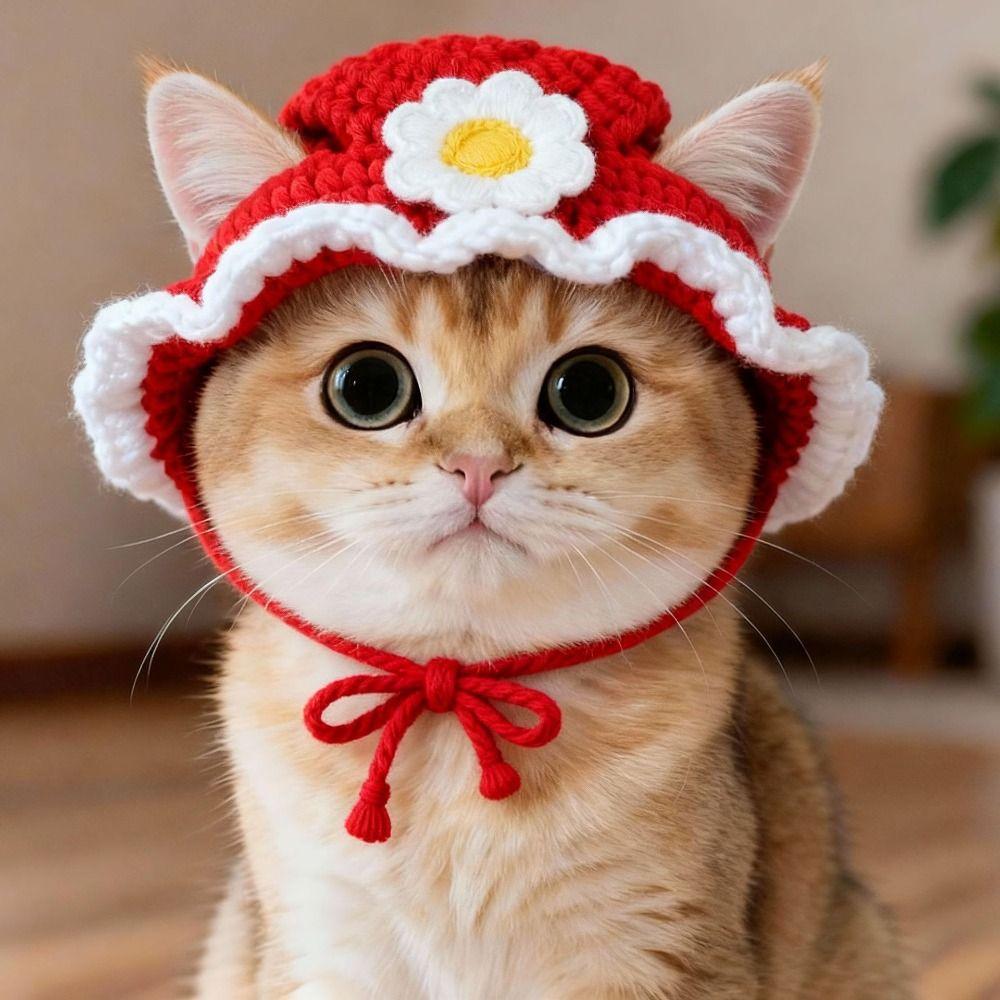 New Funny Cat Hat Refined Elastic Photo Shoot Props Puppy Kittens Knitted Hat Handmade Pets Party Cosplay Headwear Pet