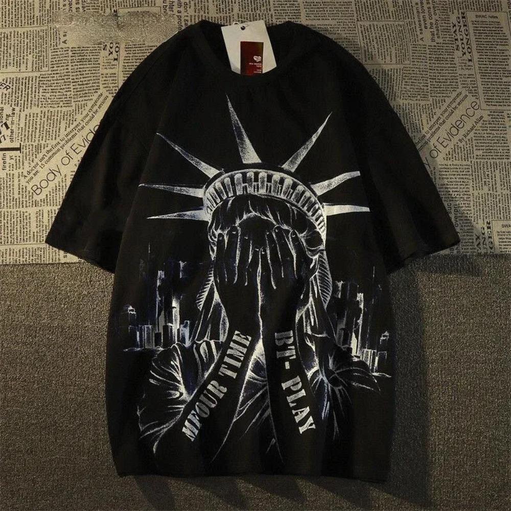 T-shirt Cotone Retro Personalità Stampa Graffiti Moda Y2K Uomo Donna Larga Street Hip Hop Arte Y2K Manica Corta Top