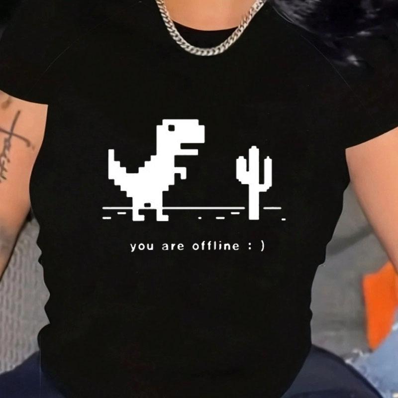 Dinosaur You Are Offline Printed Plus Size T-shirt Women Summer Casual Loose Simple Harajuku Round Neck Short Sleeve Tops Tee