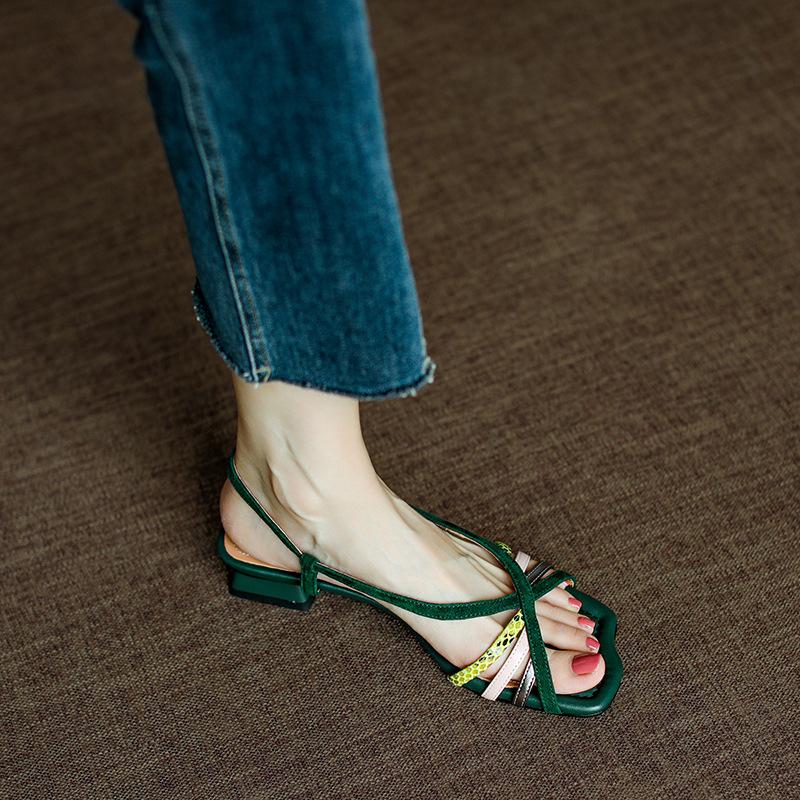 Fashion Retro Green Genuine Leather Sandals 2025 Summer Women Pointed Toe Chunky Heel Women Shoes Giadiator Shoes Sandalias Mujer