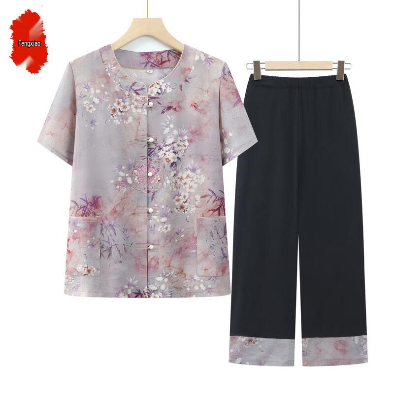 Fengxiao Grandma Elderly Women s Summer Floral Short-Sleeve Shirt 2XL