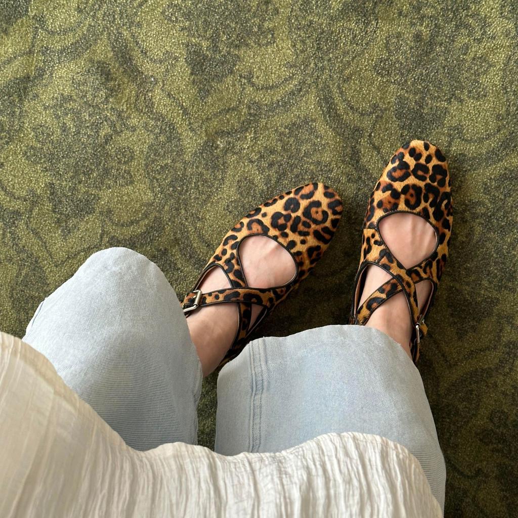 Sheepskin Version~ Genuine Leather Horsehair Niche Soft-sided Ballet Shoes Flat Cross-strap Leopard Print Mary Jane Single Shoes