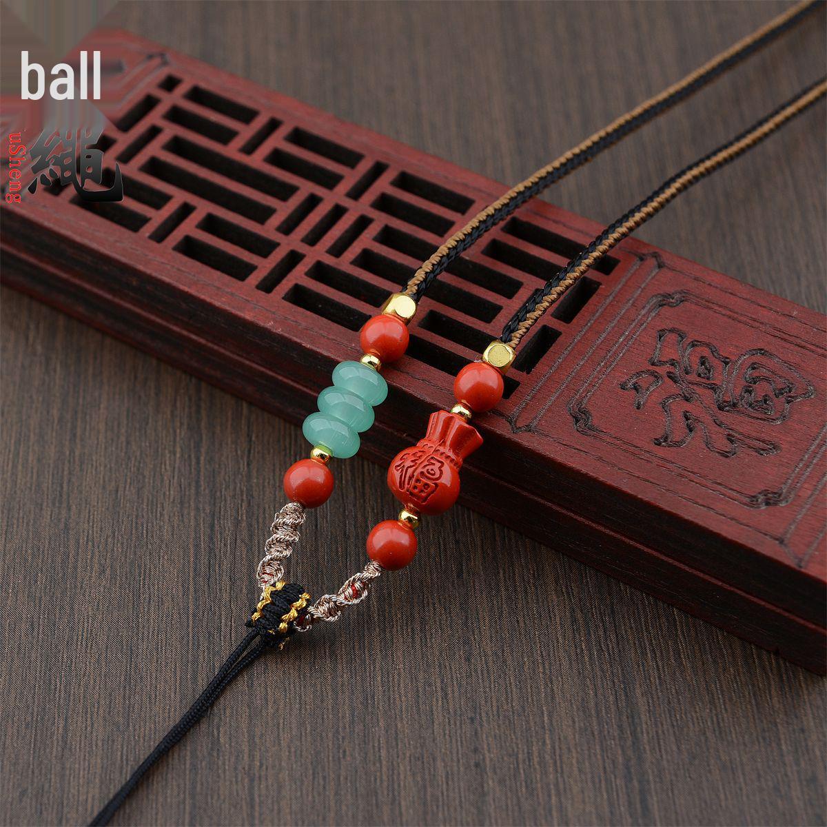 Handwoven Lucky Cinnabar Lanyard with Amber and Hetian Jade Necklace. чёрный