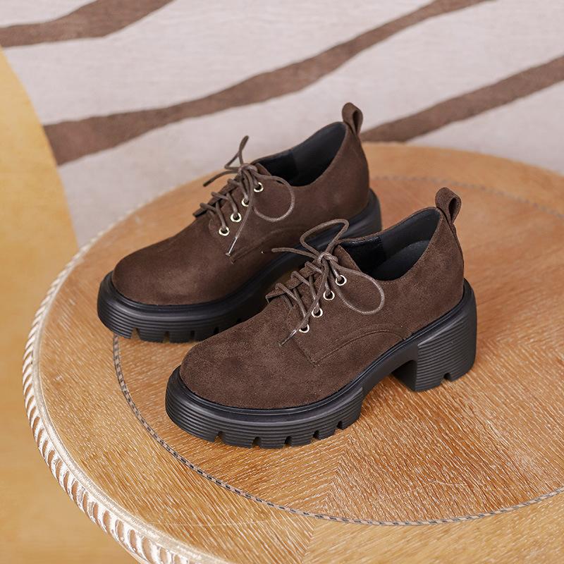 10Cm thick-soled high-heeled apricot small leather shoes for women's spring and autumn new models, lightweight inner height-increasing lace-up