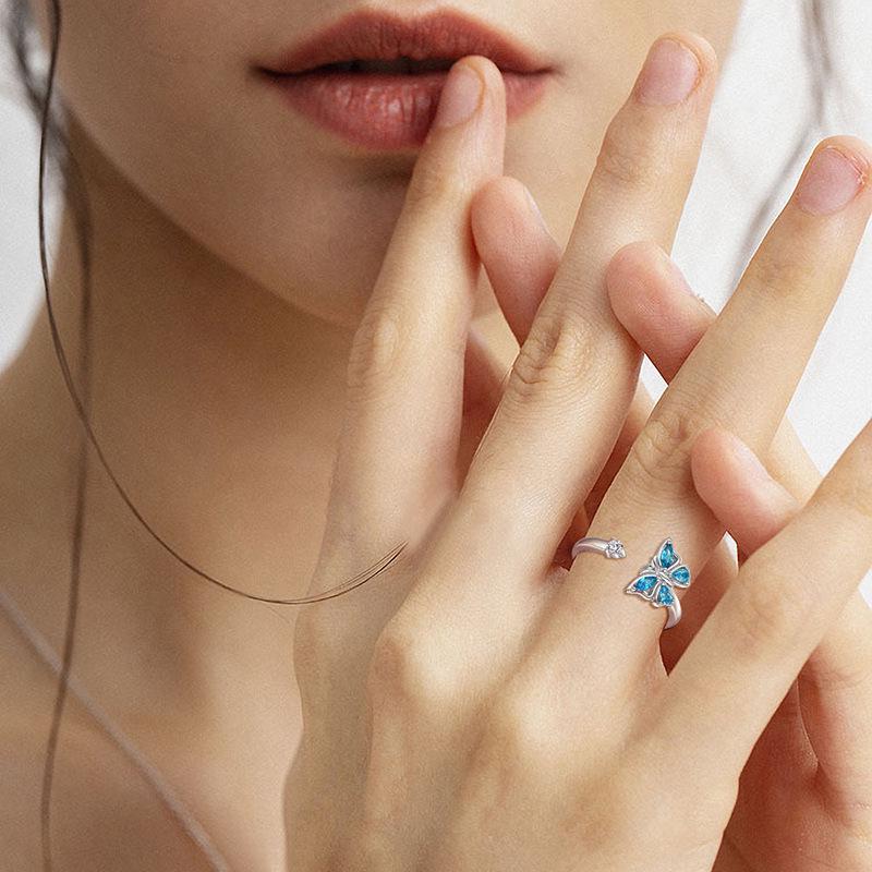 S925 Sterling Silver Rotating Butterfly Open Ring with Colored Zirconia for Women