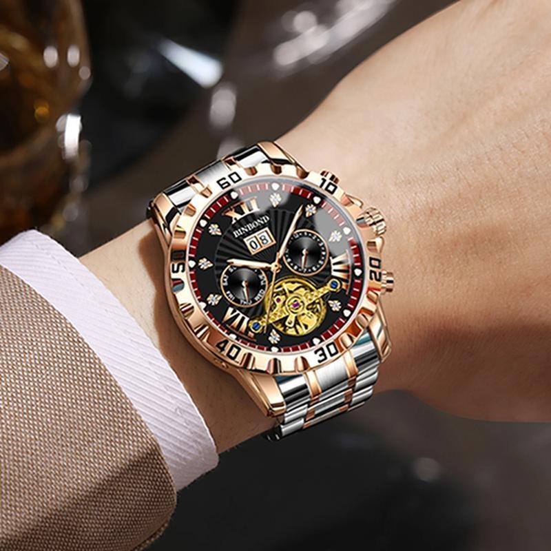 BINBOND Fashion Tourbillon Automatic Watch Men Luxury Skeleton Mechanical Wristwatch Stainless Steel Wristwatches